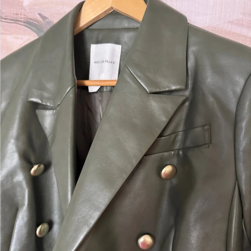 Avec Les Filles  Olive  faux Leather Jacket with Gold Buttons - Picture 6 of 11
